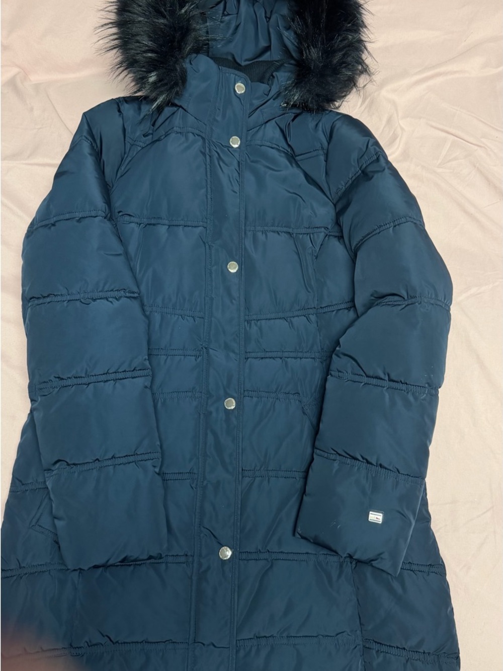 Tommy Hilfiger Dark Navy Quilted Long Puffer Coat with Faux Fur Hood
